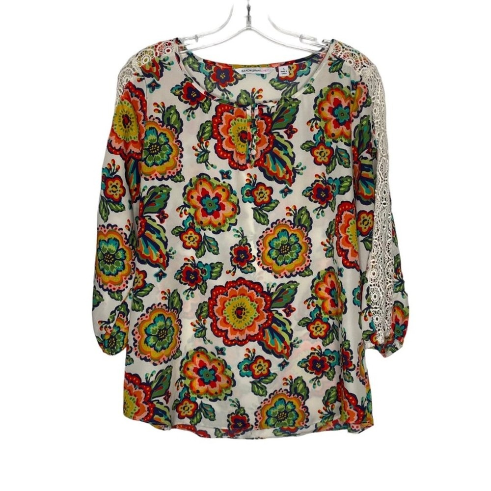 Isaac Mizrahi Live Floral Crochet Lace Sleeve Blouse Multicolor Womens Small